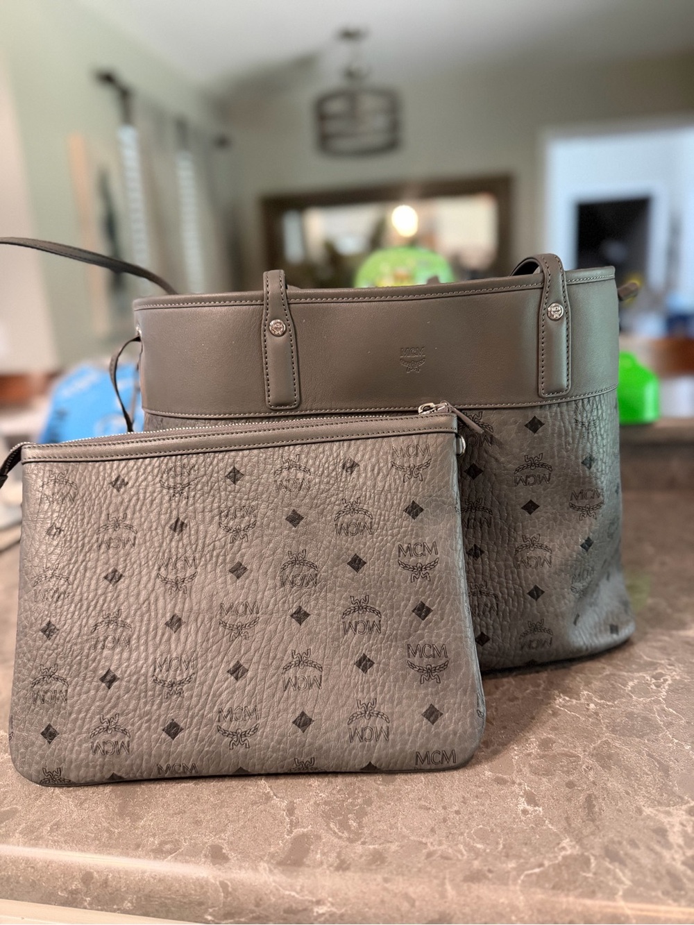 MCM Gray Logo-Print Leather Tote with Matching Pouch